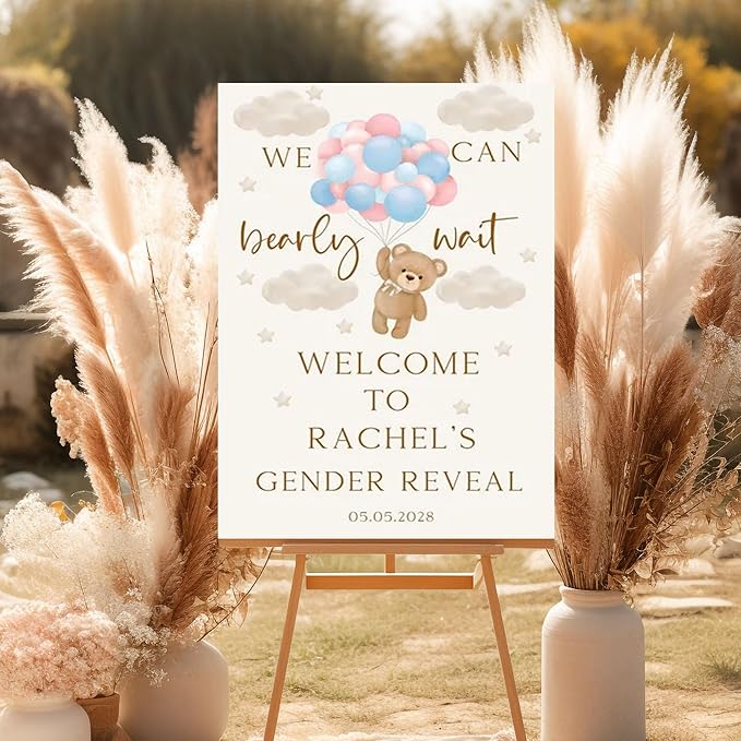 Gender Reveal He or She We Can Bearly Wait Welcome Sign, Boho Watercolor Bear Balloons Sign