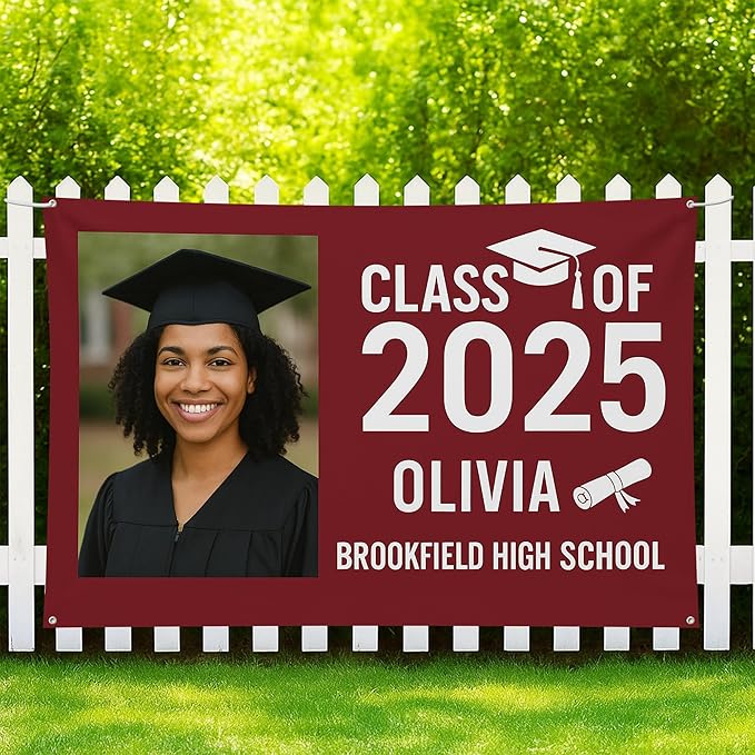 Custom Graduation Banner Class of 2025 with Photo and Name – Personalized Congrats Sign for High School or College Seniors – Indoor Outdoor Graduation Party Decoration