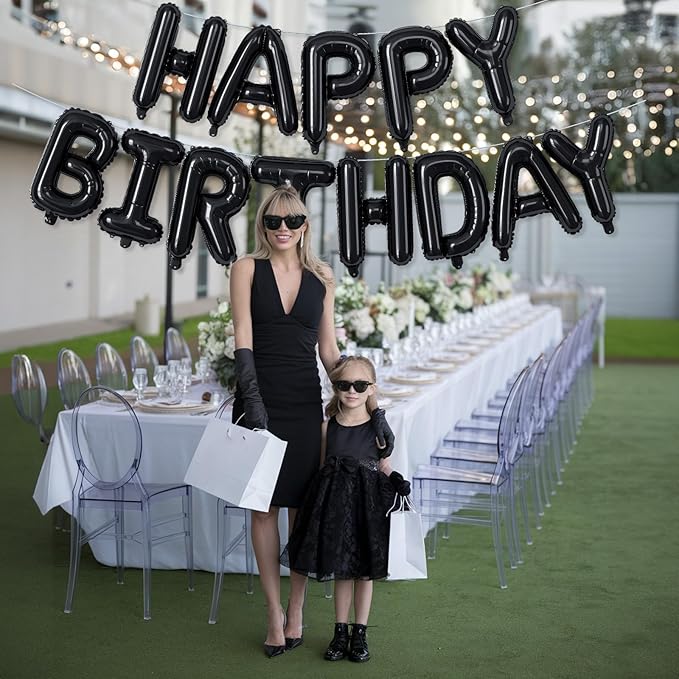 16 Inch Happy Birthday Banner Balloon - Black Letters Foil Balloons With Ribbon, Self Inflating Letter Balloon Bunting for Men Women Birthday Party Decorations Supplies