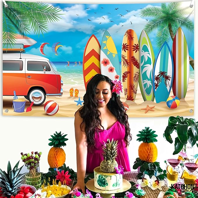 KatchOn, Xtralarge Beach Backdrop for Photography - 72x44 Inch | Aloha Blue Sky Ocean Palm Tree with Surfboard Background | Surfboard Backdrop, Surf Board Decoration | Surf Decorations For Party