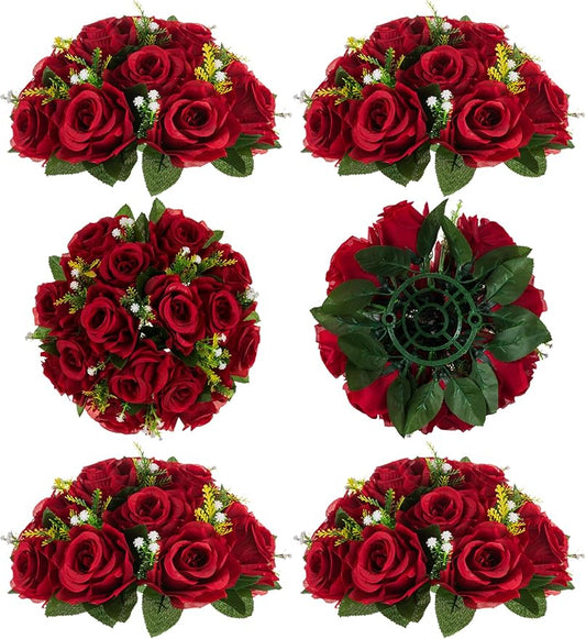 BLOSMON Flower Balls Wedding Rose Centerpieces: 6 Pcs Crimson Fake Flowers Kissing Balls Decor Artificial Floral Arrangements Flower Bouquet of Roses Home Party Table DIY Decorations