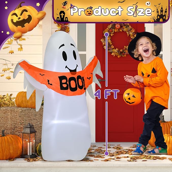 4FT White Ghost Holding a Boo Banner Halloween Inflatable Decoration Blow up Decor with LED Lights Indoor Outdoor Yard Graden Party Holiday Decor