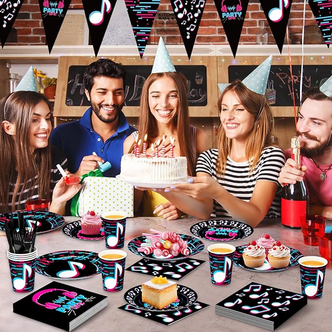 DYLIVeS 180 Pcs Music Party Supplies - Music Theme Birthday Party Decorations for Girls - Banner, Plates, Cups, Napkins, Cutlery (Serves 24)