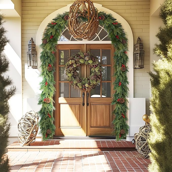 WBHome Real Touch Mixed Evergreen with Pinecones Foliage Prelit Garland, Winter Greenery Garland for Christmas Holiday Seasonal Outdoor/Indoor Home Decor Mantle, 6FT Long