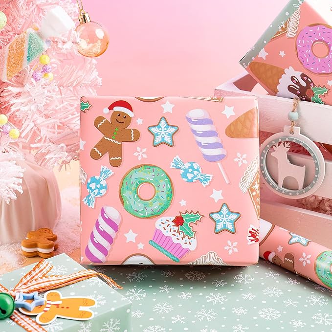 RUSPEPA Christmas Reversible Wrapping Paper Roll for Kids, Mini Roll, Gingerbread, Donut, Candy Cane Design and Light Green Snowflake, Ideal for Holiday Gifts and Christmas, 17 Inches x 16.4 Feet