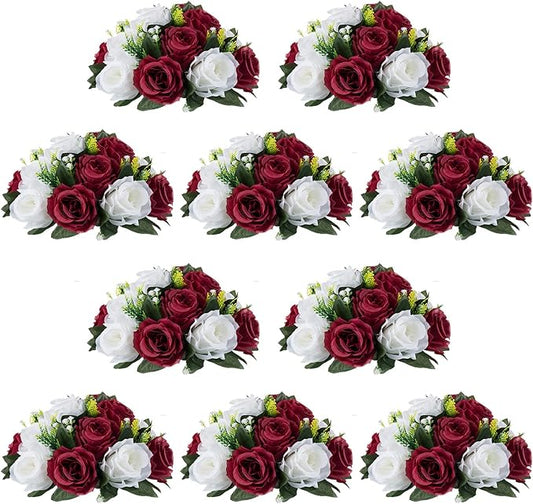 NUPTIO Flower Wedding Centrepieces for Tables - 10 Pcs 9.5in Diameter Burgundy & White Artificial Flowers Rose Ball for Centerpieces Table - Fake Rose Arrangements for Weddings Birthday Party Decor