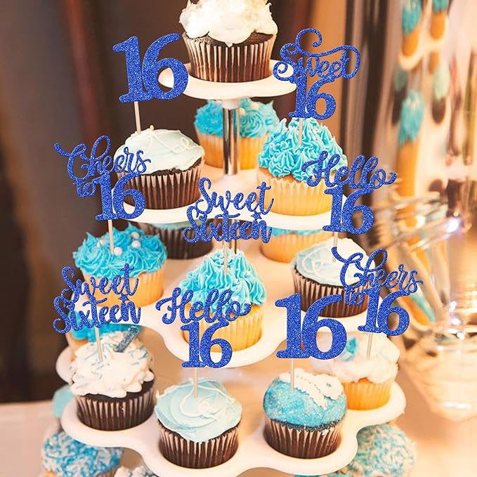 30PCS Happy 16th Birthday Cupcake Toppers Glitter Sweet Sixteen Hello 16 Cupcake Picks Cheers to 16 Birthday Decorations for 16th Birthday Anniversary Party Cake Decoration Supplies Blue