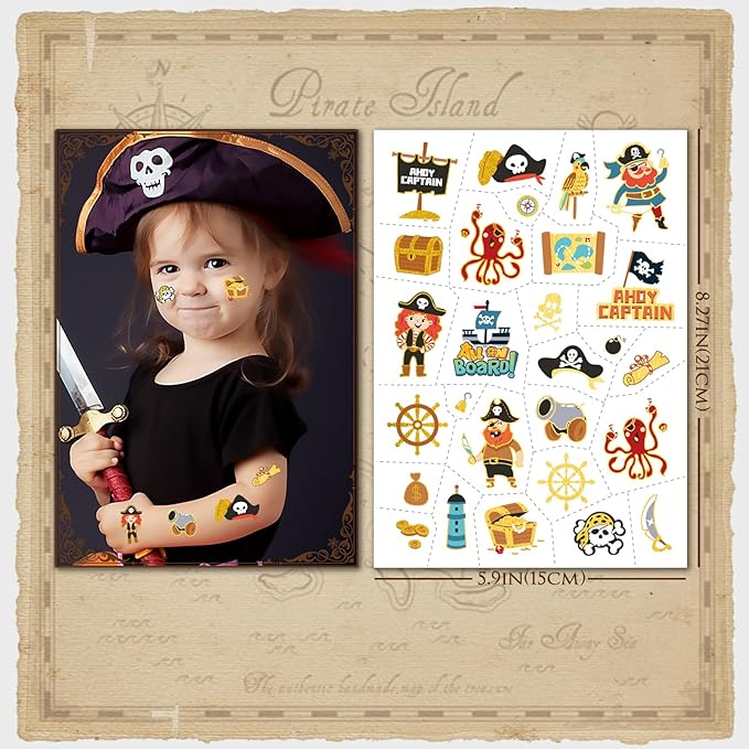 Kids Pirate Temporary Tattoo-110 Glitter Style Fake Tattoos for Boys Girls Jake Captain Skull Crew Treasure Pirate Ship Anchor Waterproof Body Face Tattoos Stickers Nautical Party Favors Decorations