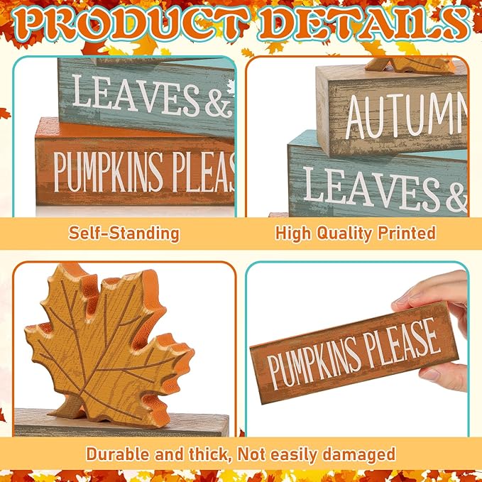 4 Pcs Thanksgiving Decorations for Home Fall Decor Wooden Maple Leaf Thanksgiving Table Centerpiece Fall Tiered Tray Rustic Wood Maple Leaf Block Sign Farmhouse for Home Kitchen Shelf