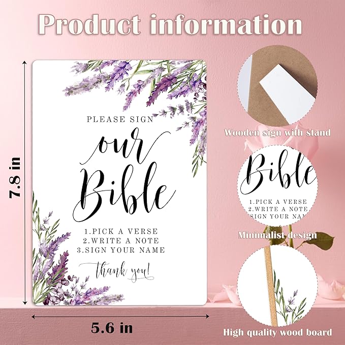 Please Sign Our Guest book, Wedding Guestbook Sign, Lavender Bridal Shower Decorations, Guest Book for Party, Purple Floral Wooden Sign with Stand for Wedding Reception And Bridal Party Decor, 29