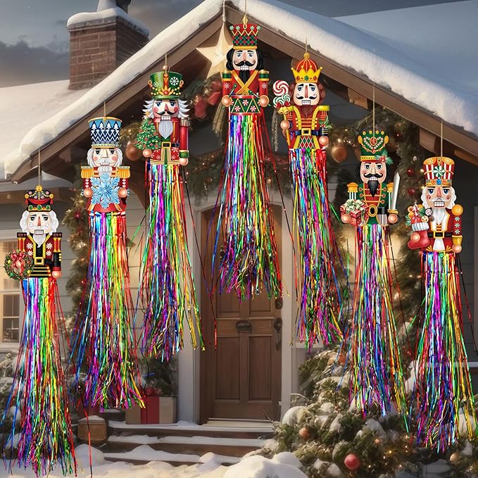 8pcs Nutcracker Christmas Windsocks Outdoor Hanging Decorations with Tassels Christmas Yard Decorations for Outside 3.3ft Xmas Signs for Wall Tree Home Lawn Yard Party Supplies Decor