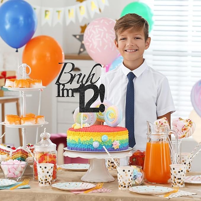 Bruh I'm 12 Cake Topper - Black Glitter Happy 12th Birthday Decorations for Boys Teens, Funny 12 Year Old Party Supplies, Bro I'm 12 Cake Decor (Bruh I'm 12！, 12th black)