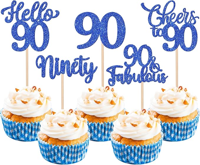 30PCS Happy 90th Birthday Cupcake Toppers Glitter Ninety Cheers to 90 Years Old Birthday Cupcake Picks Hello 90 Fabulous Cake Decorations for Happy 90th Birthday Anniversary Party Supplies Blue