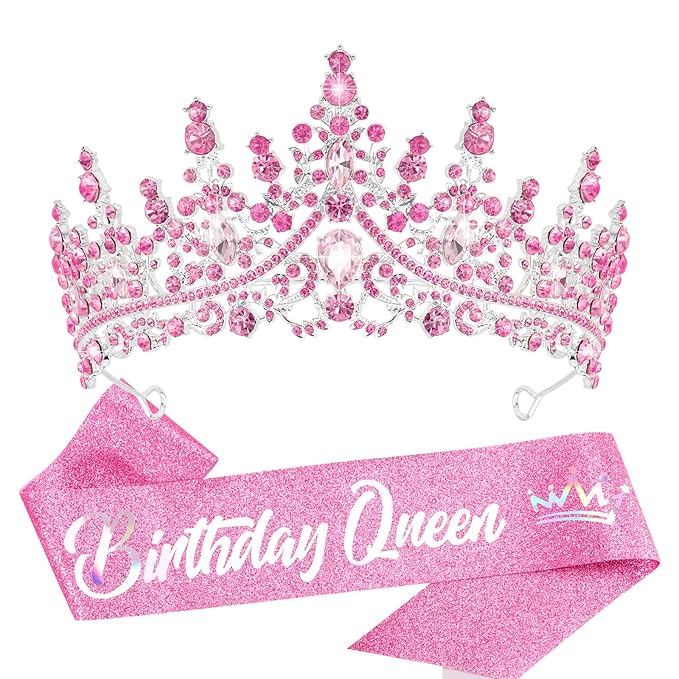 VELSCRUN Birthday Queen Tiara Crowns for Women Girls Pink Crystal Birthday Queen Headband Sash Elegant Princess Crown Happy Birth Party Decorations Mom Sisters Birth Gift Hair Accessories
