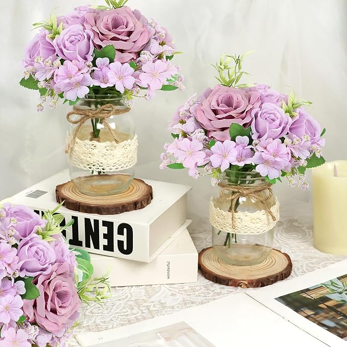 Set 6 Mason Jar Table Centerpiece - Wedding Centerpieces for Tables, Mason Jar Flower Centerpiece Vases Decor- Boho Farmhouse Rustic for Engagement, Bridal Shower, Wedding, Versatile Decor (Purple)