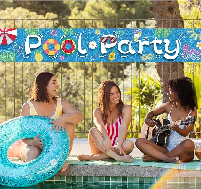 Swimming Pool Party Banner for Summer Party Decorations, Summer Themed Hawaiian Outdoor Party Decorations, Baby Shower Birthday Swimming Pool Party Supplies(Pool Party Blue)