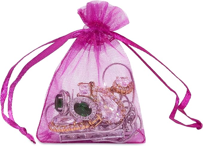 TheDisplayGuys 48-Pack 2" x 2-3/4" Hot Pink Sheer Organza Gift Bags with Drawstring, Jewelry Candy Treat Wedding Party Favors Mesh Pouch