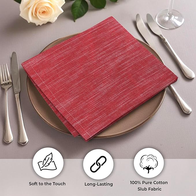 Urban Villa Dinner Napkins Red White Chambray Cloth Napkins (Set of 12) Oversized 20x20 Inches 100% Cotton Slub Premium Quality Soft Durable Mitered Corners Reusable Washable Everyday Use Napkins