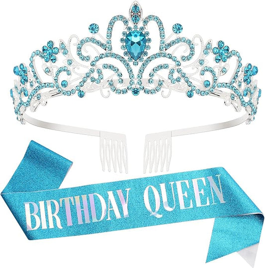 Birthday Crowns for Women, Tiaras and Crown for Women, Tiara for Women Birthday Queen, Birthday Crown and Sash for Women, Blue Rhinestone Queen Tiara with Birthday Girl Sash, Birthday Princess Tiara
