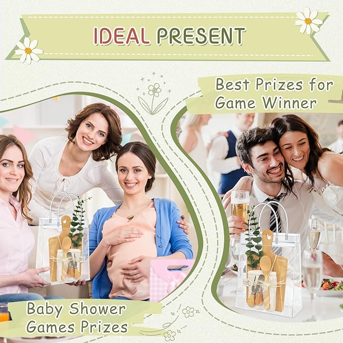 AZEAM 55Pcs Baby Shower Prizes for Game Winners, Bridal Shower Prizes with 6 Sets Square Cheese Board Spoon Fork Butter Knife Towel Card Plastic Bag Branch, Wedding Shower Favors for Guests