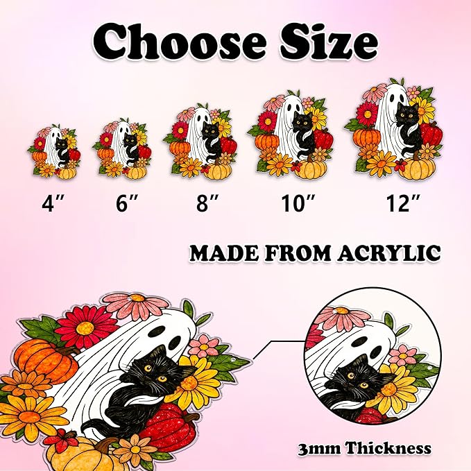Cute Ghost Black Cat Halloween Decoration, Spooky Floral Boo Suncatcher Window Hanging, Fantasy Ghost and Pumpkin Ornaments, Gothic Housewarming Autumn Gifts for Mom, Plant Lovers, Cat Mom, Women