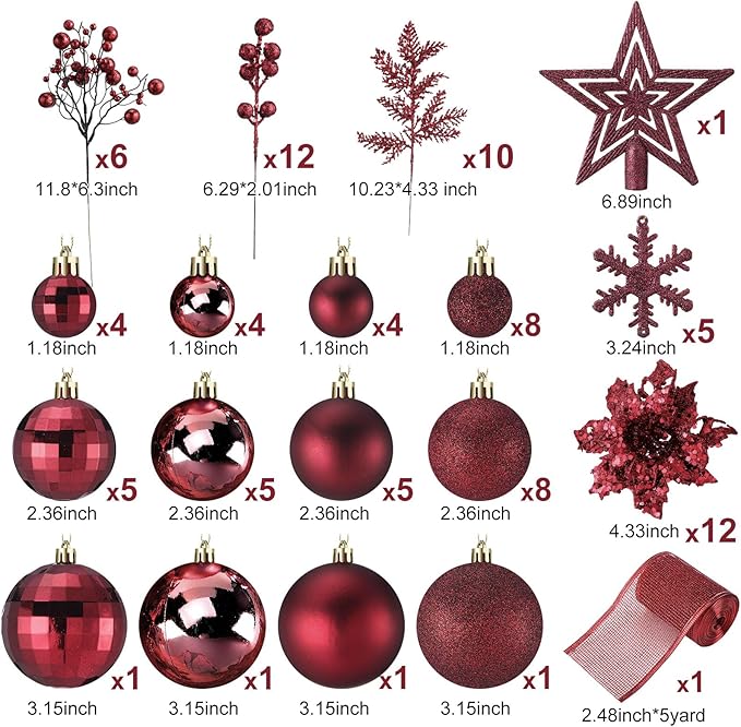 Sratte 94 Pcs Christmas Tree Decorations Set, Christmas Tree Ball Ornaments Glitter Poinsettia Flowers Decorations Glitter Berries Stems for Xmas Holiday Wedding(Burgundy)