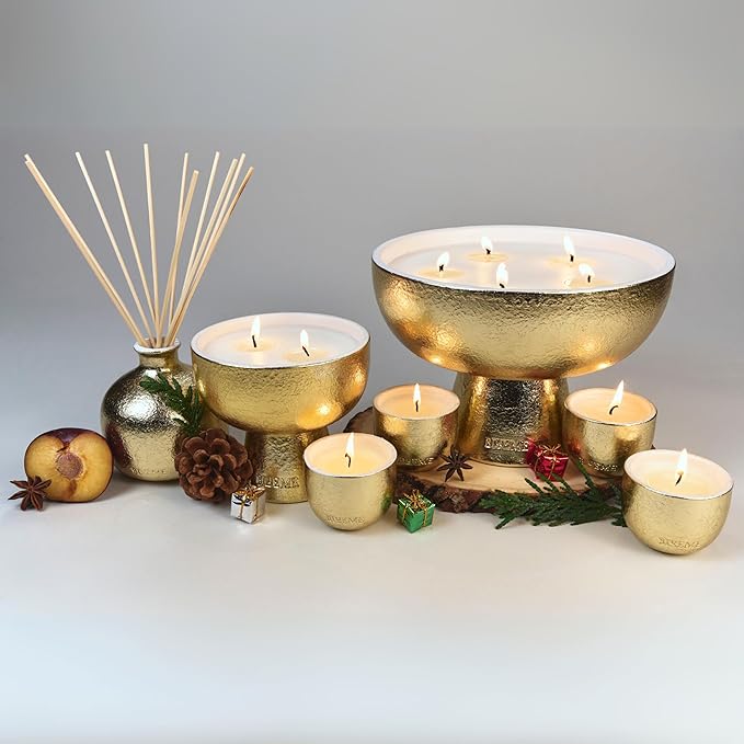 2025 Gold Holiday Candle | Festive - Noble Fir & Amber (Medium), Refillable Wellness, Essential Oil, Sustainable, Hand Finished and Poured, Premium, Luxury Ceramic, Natural Cotton Wick, Soy-Wax Blend