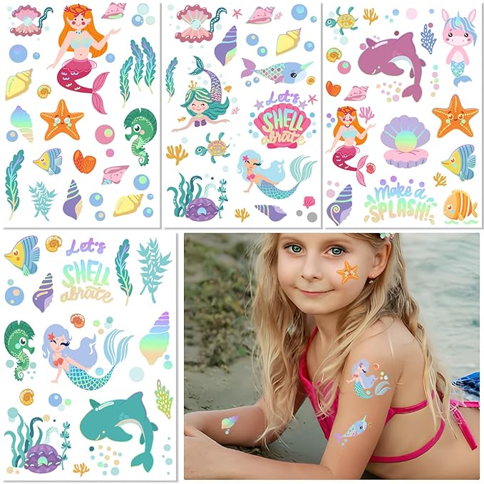 Temporary Tattoos Mermaid for Kids, 80+ Metallic Foil Style Bronzing Fake Tattoos, 4 Sheets Glitter Tattoos, Birthday Party Supplies, Easter Present, Ocean Animal Stickers for Boy and Girls