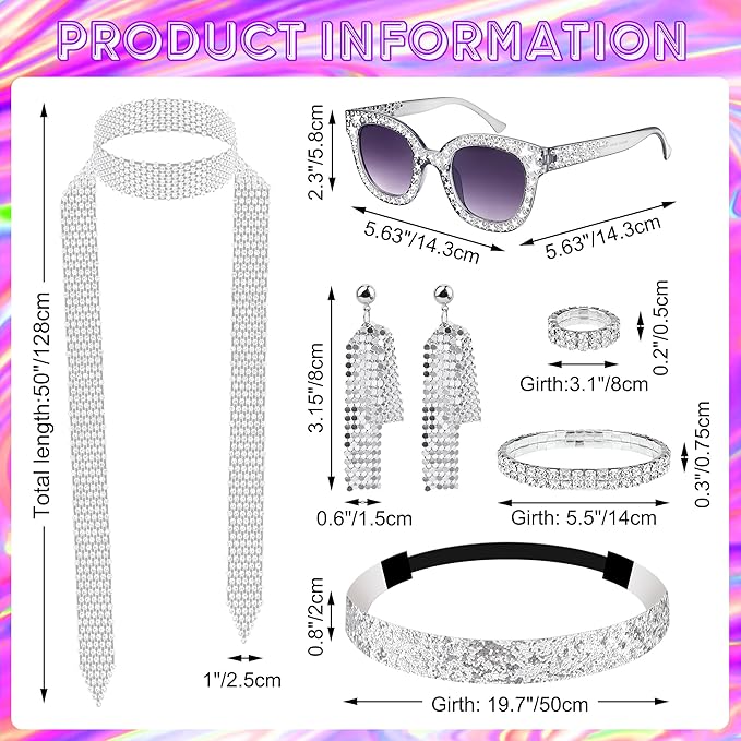 6 Pcs 70s Disco Accessories for Women Costume Jewelry Set Disco Earrings Ring Sequin Scarf Sunglasses Bracelet Headband