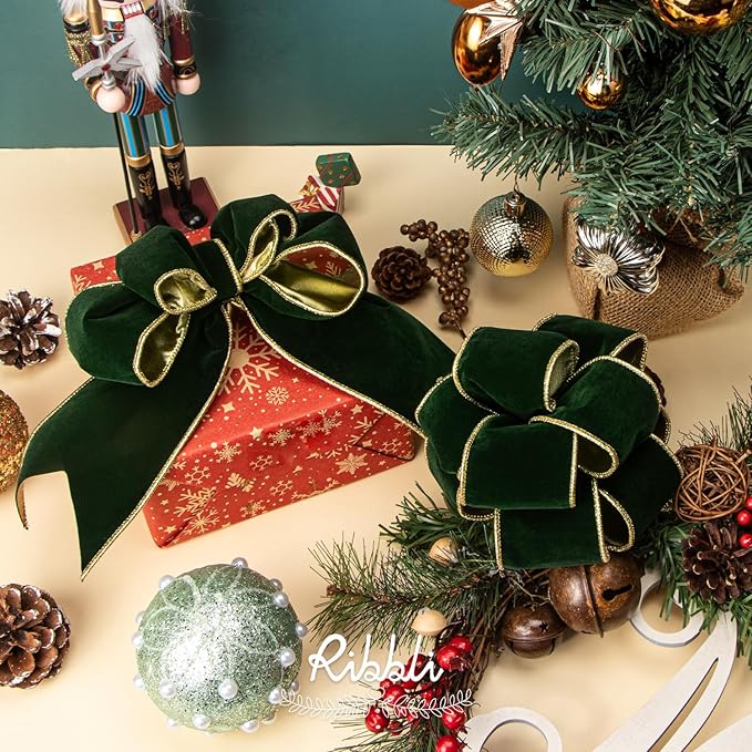 Ribbli Dark Green Velvet Wired Ribbon 4 Inch Luxury Matte Velvet Christmas Ribbon for Gift Wrapping Christmas Tree Decoration Crafts Wreaths Supplies - 10 Yards