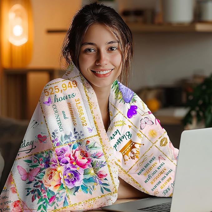 60th Birthday Gifts for Women, Super Soft Unique Fun Purple Butterfly Flower Blanket Gifts for Anniversary Christmas, 60th Birthday Decorations for Women, Cozy Warm Plush Fuzzy Fleece Blanket 80"x60"