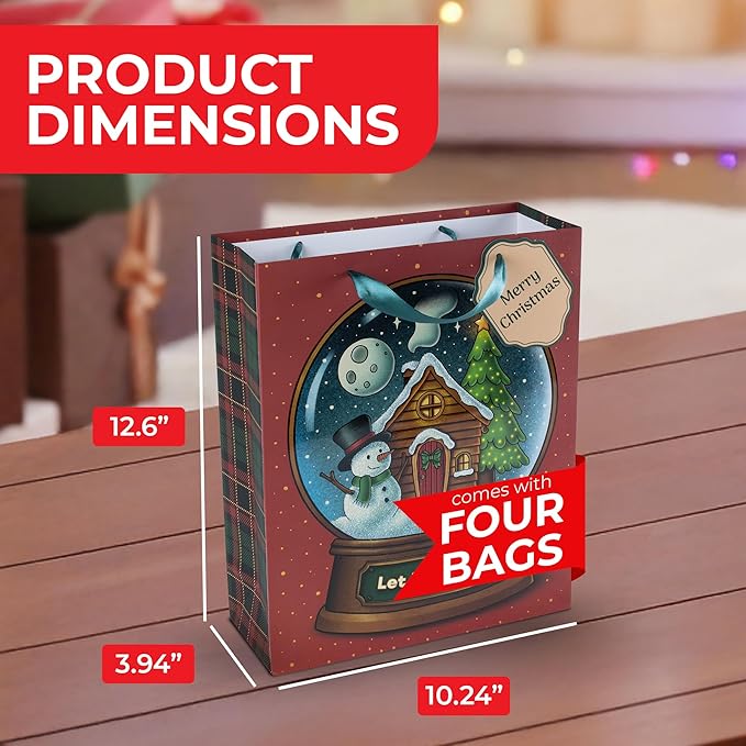 RACHELLE'S Snow Globe Christmas Gift Bags – Medium 13"x10"x4" (4-Pack) – Sturdy Paper Gift Bags with Tissue Paper, Tag and Handle – Let It Snow – Perfect for Christmas Holiday Gifting & Party Favors