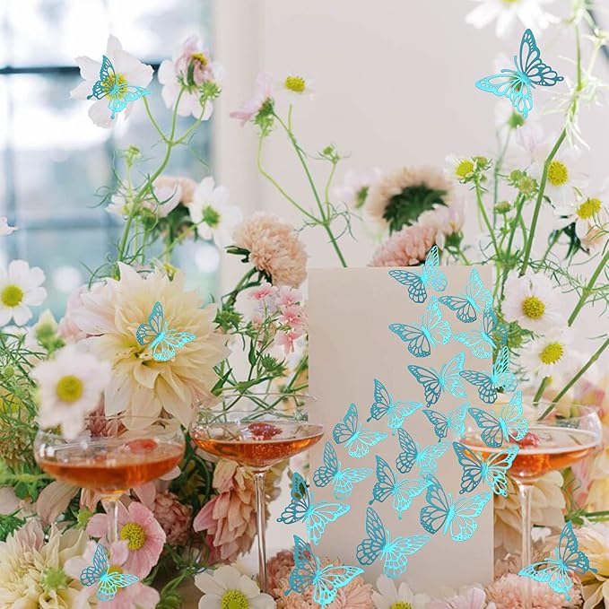 40 PCS Laser 3D Butterfly Cupcake Toppers Hollow Arts Cake Decorations for Baby Shower Wedding Fairy Birthday Party Supplies Wall Sticker Mixed Styles Sky Blue