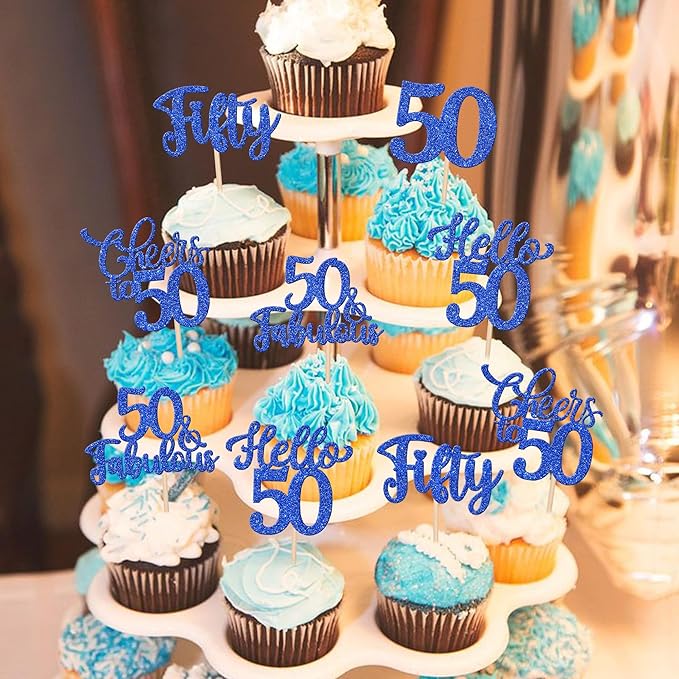30PCS Happy 50th Birthday Cupcake Toppers Glitter Hello 50 Fabulous Fifty Cheers to 50 Years Old Birthday Cupcake Picks for Happy 50th Birthday Anniversary Party Cake Decorations Supplies Blue