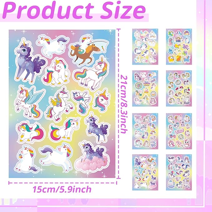 24 Sheets Unicorn Stickers for Kids, 330Pcs Rainbow Unicorn Stickers Bulk Preschool Sticker Sheets for Reward Craft Scrapbooking Water Bottles Gifts Bags Cards Envelopes Party Favors Supplies