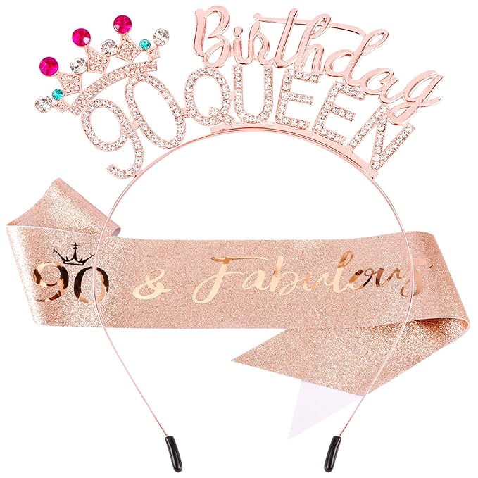 VELSCRUN 90th Birthday Queen Headband, Tiara Crown for Women, 90th Birthday Decorations for Her, Birth Queen Tiaras Crowns Sash for Women Mom Birth Party Decoration Hair Accessories Rose Gold