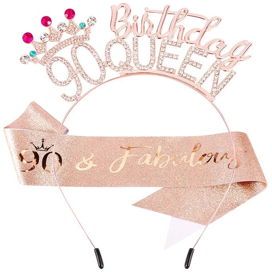 VELSCRUN 90th Birthday Queen Headband, Tiara Crown for Women, 90th Birthday Decorations for Her, Birth Queen Tiaras Crowns Sash for Women Mom Birth Party Decoration Hair Accessories Rose Gold