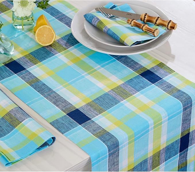Solino Home Blue Linen Table Runner 36 inch - 100% Pure Linen Summer Madras Plaid Table Runner 14 x 36 Inch - Handcrafted and Machine Washable