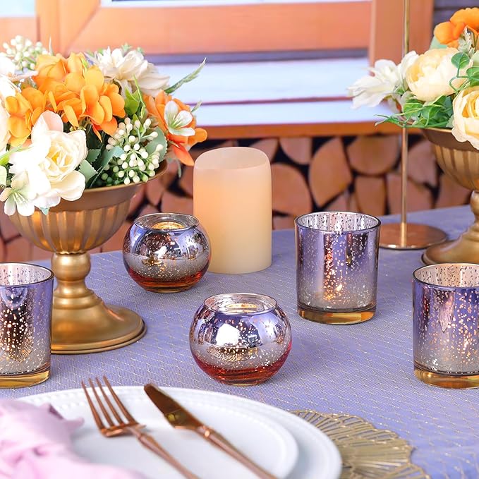 Volens 30pcs Assorted Purple Votive Candle Holders Bulk, Large Mercury Glass Votive for Wedding Table Centerpieces, Purple and Gold Themed Party Decorations and Home Decor