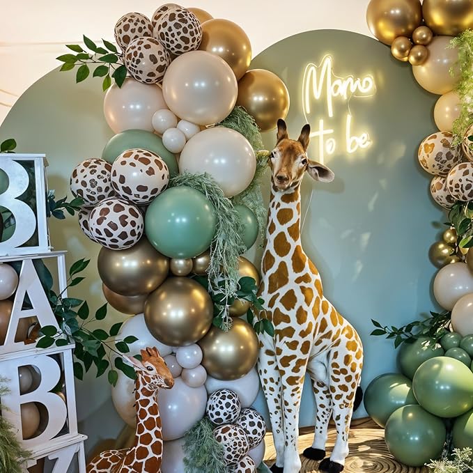 Safari Balloons, 50pcs Green Brown Balloons, Sage Green Ivory White Apricot Balloon, Giraffe Print Jungle Balloon for Jungle Safari Woodland Wild One Theme Birthday Baby Shower Wedding Decorations