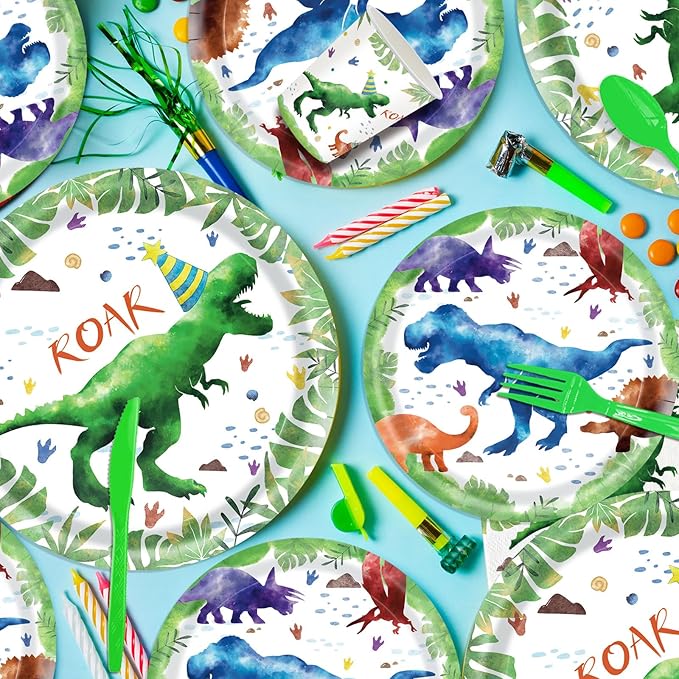 140 Pcs Watercolor Dinosaur Party Supplies Dinosaur Theme Birthday Party Decoration Includes Plates Cups Napkins Knives Forks Spoons Tableware for Boys Birthday,Serves 20 Guests