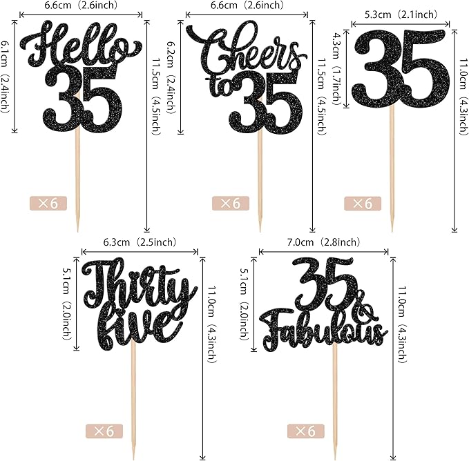 30PCS Happy 35th Birthday Cupcake Toppers Glitter Hello 35 Fabulous Thirty Five Cheers to 35 Years Old Birthday Cupcake Picks for Happy 35th Birthday Anniversary Party Cake Decor Supplies Black