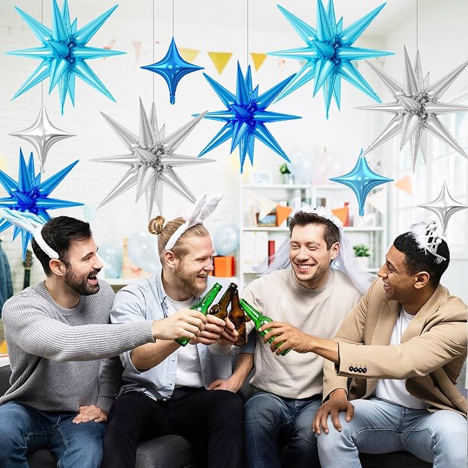 18 Pcs Blue Silver Star Balloons, Silver and Blue Balloon with 6 Pcs 22-Inch Explosion Star Balloons 12Pcs 10-Inch Four Pointed Stars Foil Balloon for Boys Baby Shower Birthday Party Decoration
