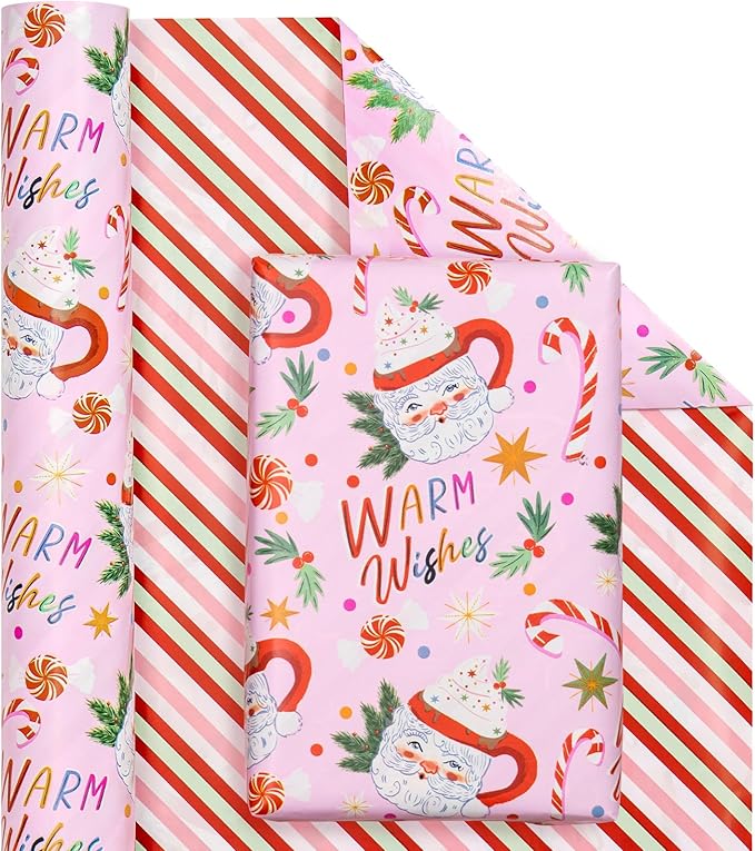 WRAPAHOLIC Reversible Christmas Wrapping Paper - Mini Roll - 17 Inch x 33 Feet - Santa Claus Cup and Stripe Wrapping Paper for Chrsitmas, Holiday, Party Celebration