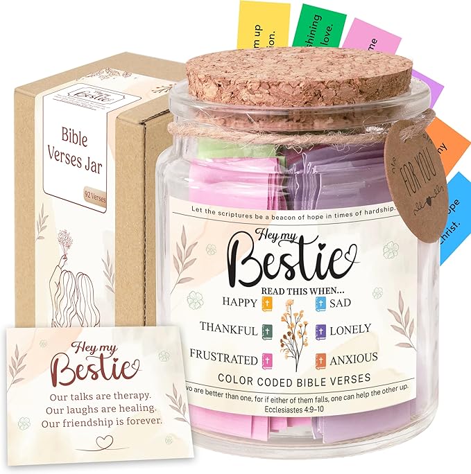 Bible Verse Jar for Best Friend – 92 Color-Coded Scriptures for Encouragement, Inspirational Birthday Gift for Women, Bestie Keepsake Jar, Christian Christmas Gifts for Women