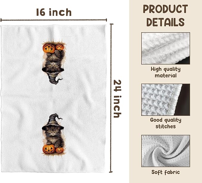TNUW Black Cat Halloween Kitchen Towels 16x24 Inch, Black Cat Mom Lovers Gifts Dish Tea Towels for Kitchen, Halloween Spooky Pumpkin Witchy Kitten Decorative Hand Towel for Bathroom Decor