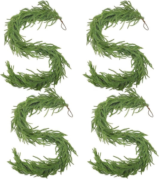 Norfolk Pine & Cedar Garland Set - 4x 6FT Realistic Artificial Cedar Garland Christmas Greenery for Mantle, Staircase, Indoor/Outdoor Holiday Decor Lush Evergreen
