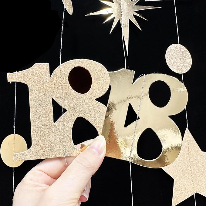 Champagne Gold 18th Birthday Decorations Number 18 Circle Dot Twinkle Star Garland Streamer Banner Backdrop for Girls Boys Happy 18th Birthday Time to Adult Cheers to 18 Years Old Anniversary Party