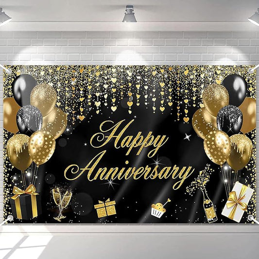 Avezano Happy Anniversary Banner Decorations for Wedding, Bridal Shower, Party - 70.8 x 43.3 Inch (Black and Gold)