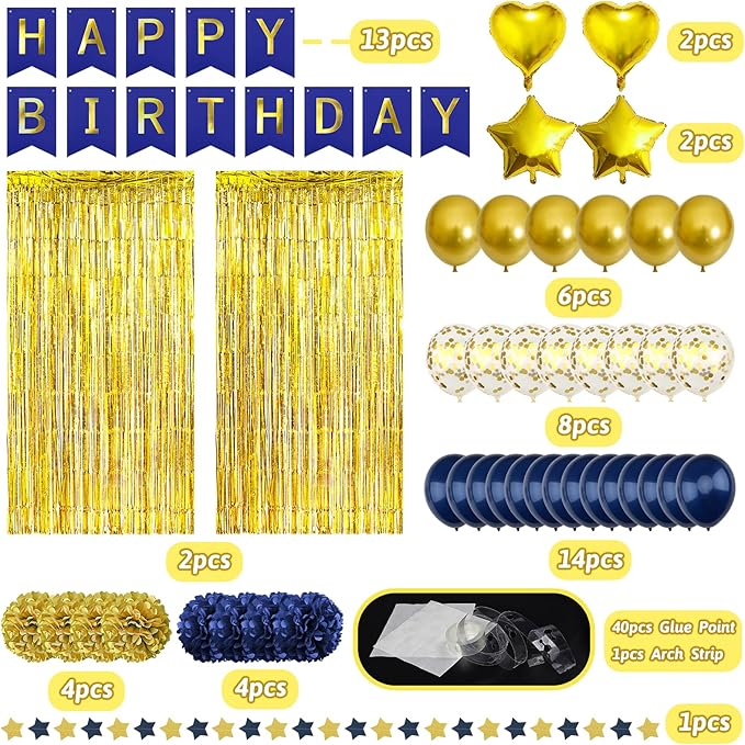 ZERODECO Birthday Party Decorations for Men, Navy Blue Gold Happy Birthday Banner Pompoms Balloon Arch Fringe Curtain Party Décor for Men Boys Women Girls Party Decorations Kit